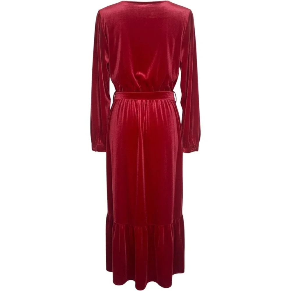 Lane Bryant Red Velvet Wrap Midi Dress Pockets Long Sleeve Ruffle Hem 14/16